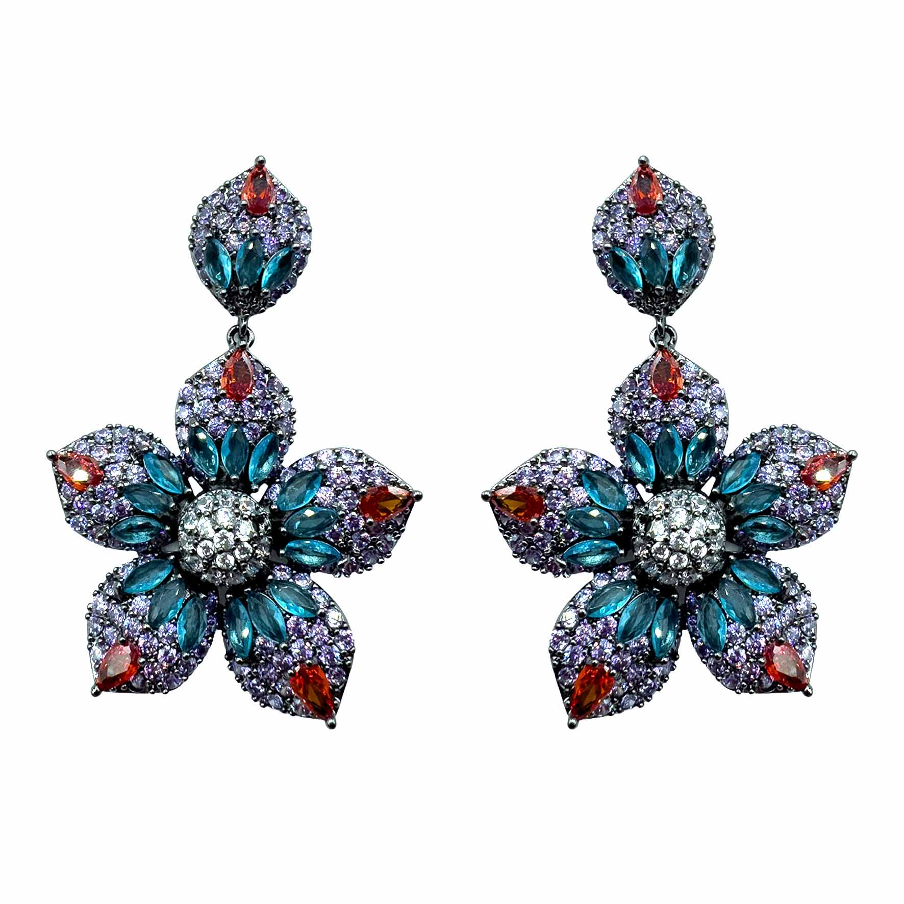 Palestro Milano Orecchini Silver - Rubino Turquoise Fiore Azalea di Pavè