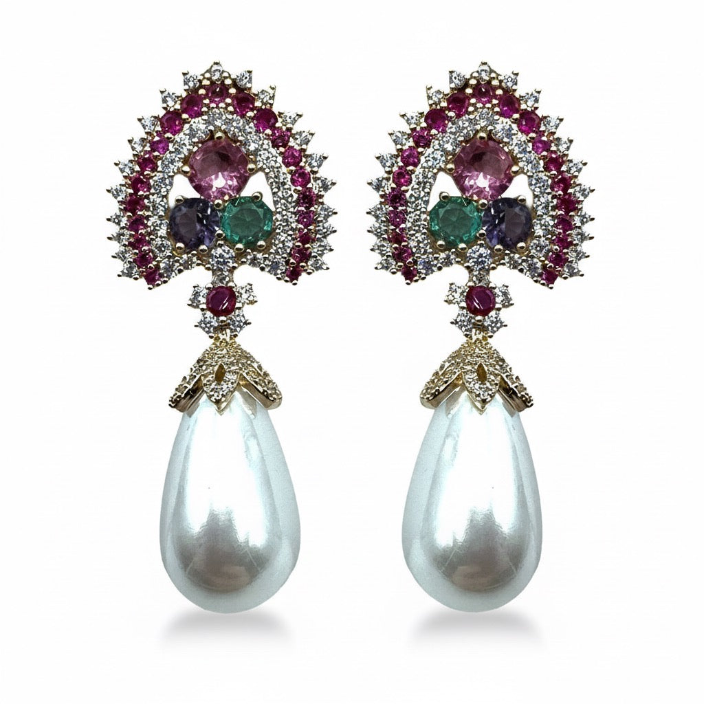 Palestro Milano Orecchini Base Gold - Fucsia Lillac Verde Pavone con perla pendente