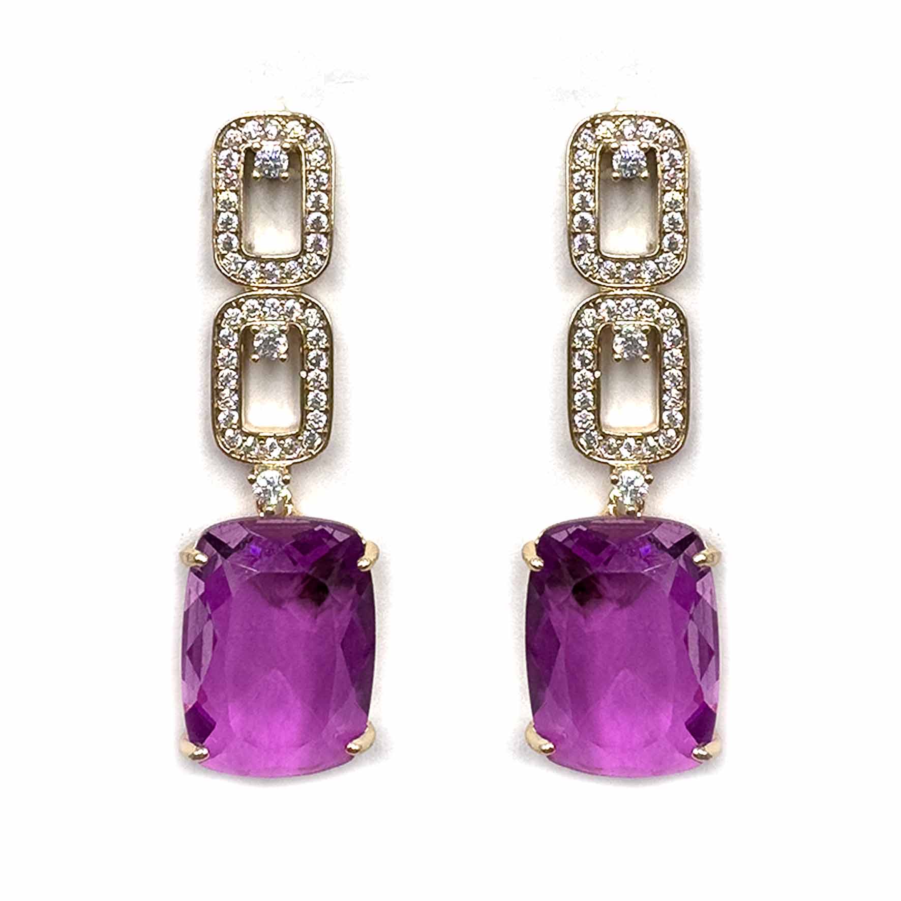 Palestro Milano Orecchini Base Gold - Pietra Fucsia Catena di pavè con smeraldo
