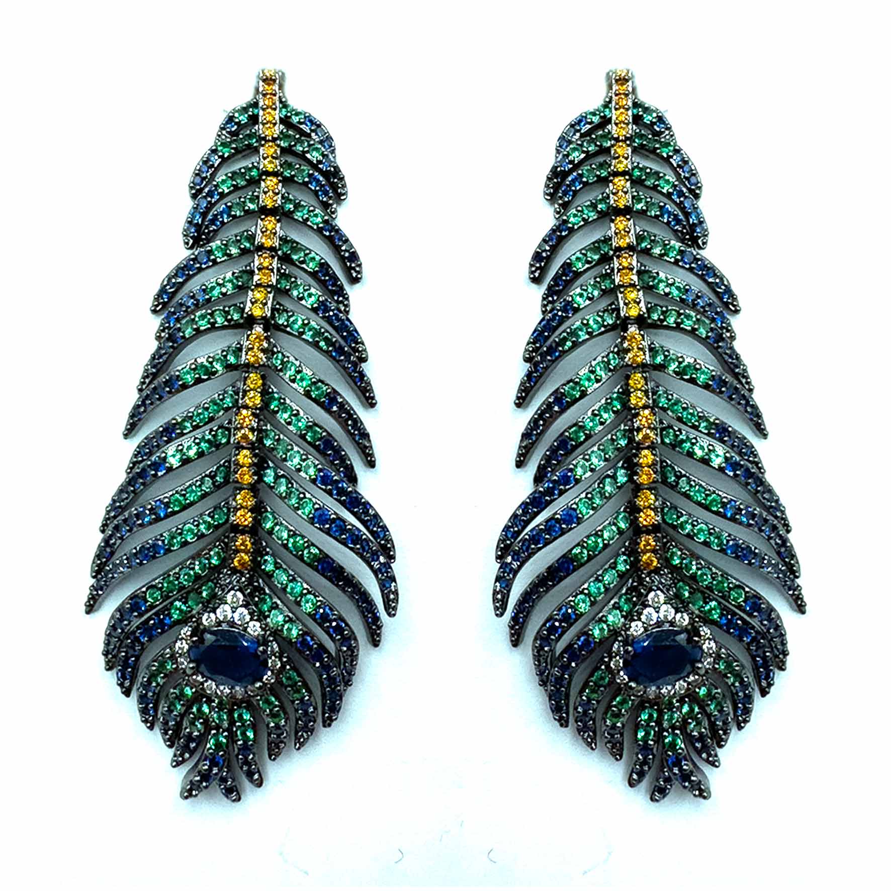 Palestro Milano Orecchini Blu/Verde/Arancio Piume di pavone pavè