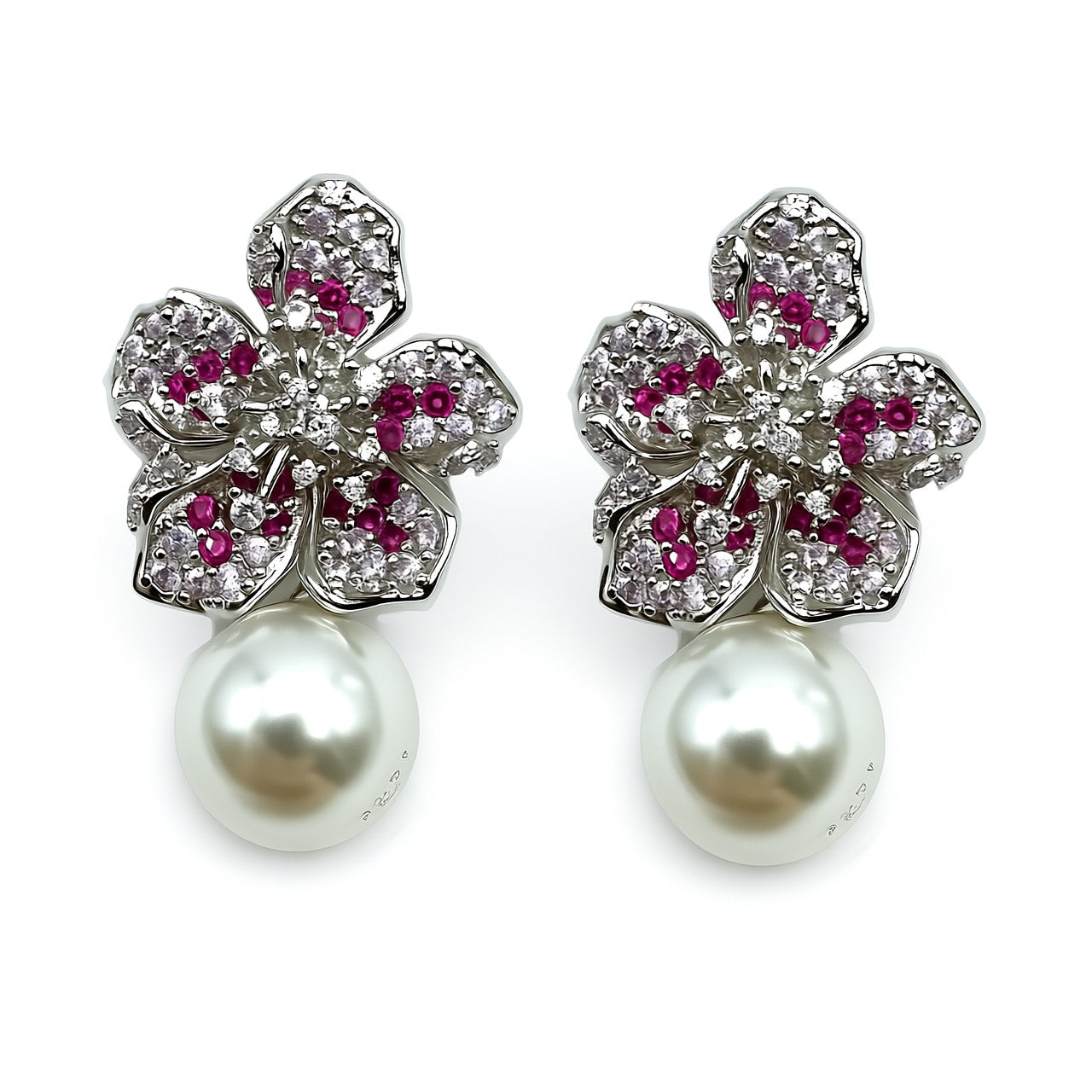 Palestro Milano Orecchini Fiore rosa di Zirconi con Perla