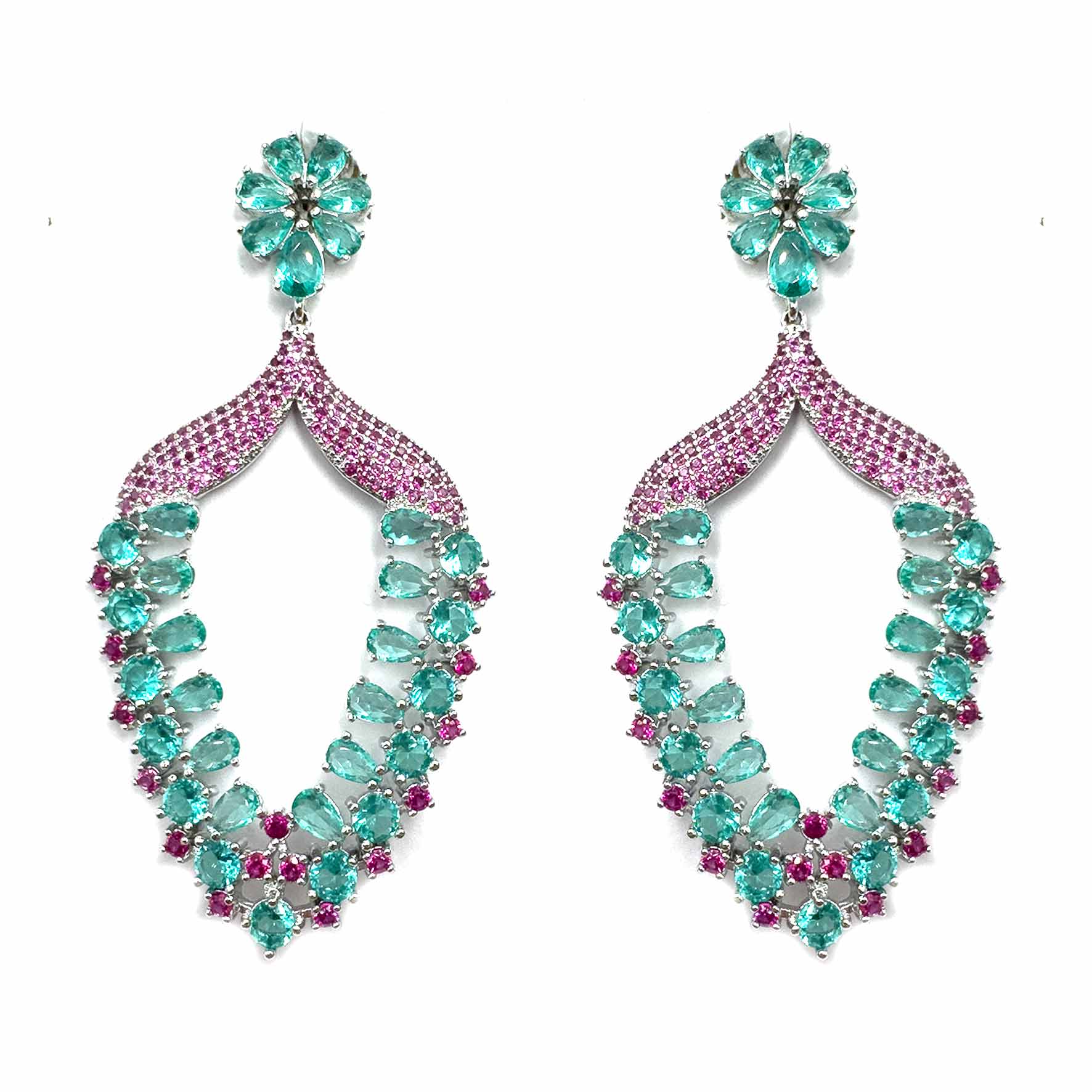 Palestro Milano Orecchini Fiorellini verde acqua con pavè fucsia