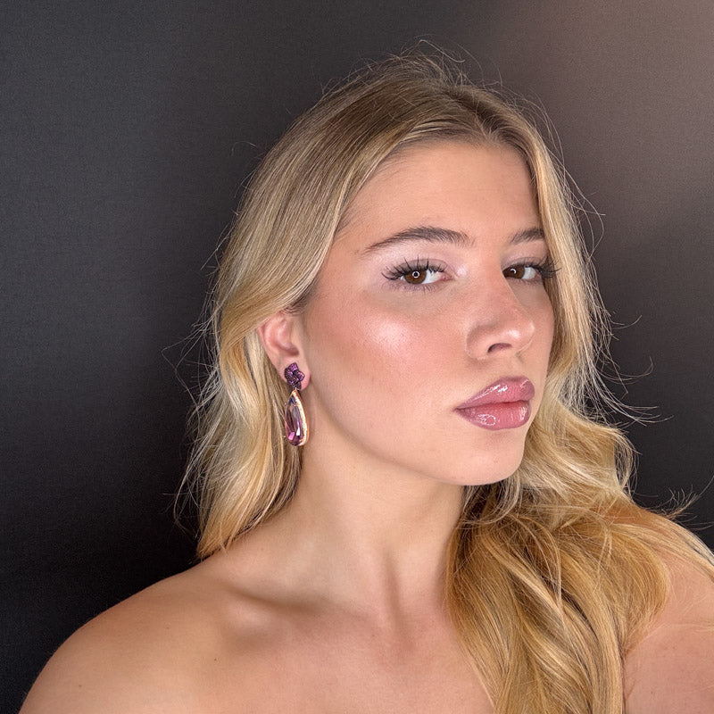 Palestro Milano Orecchini Fiorellino fucsia con pietra a goccia lillac