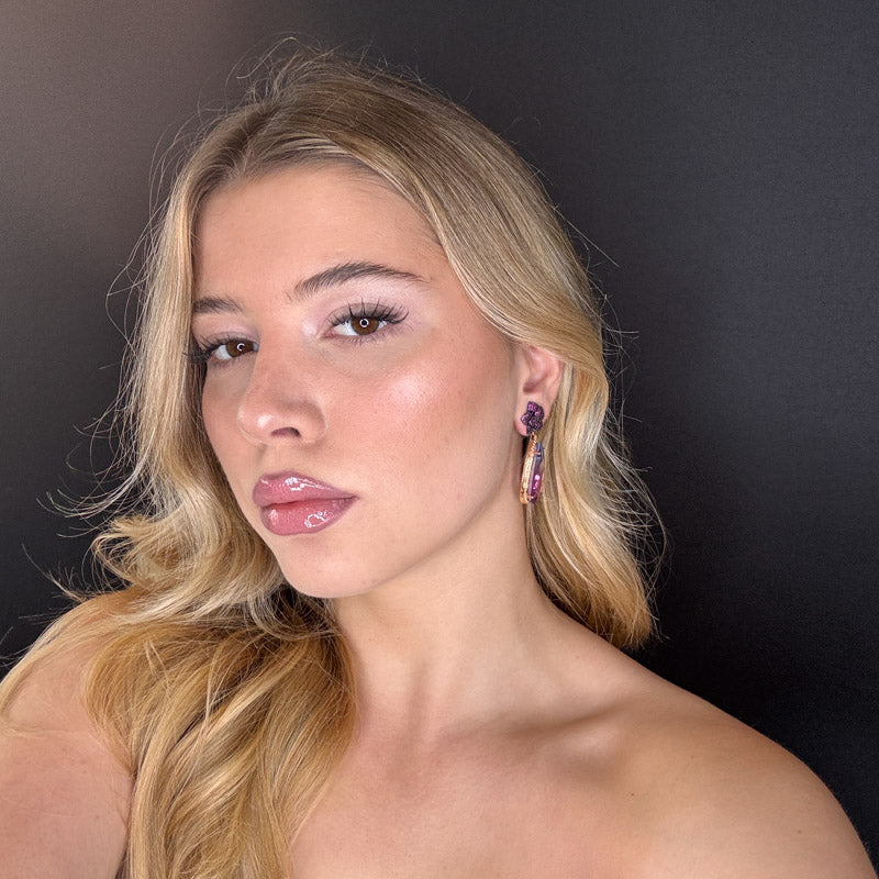 Palestro Milano Orecchini Fiorellino fucsia con pietra a goccia lillac