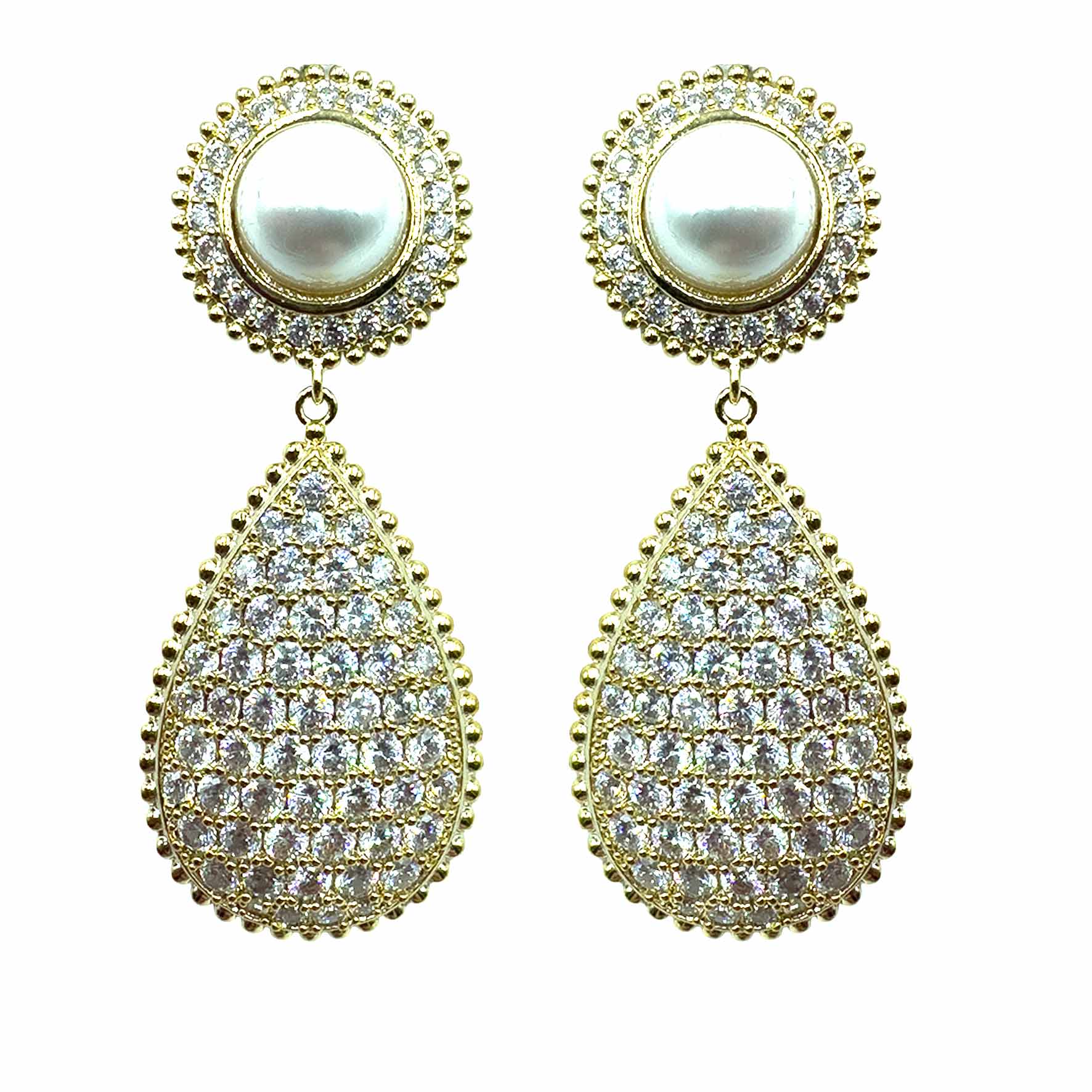 Palestro Milano Orecchini Gold Goccia di zirconi con perla a bottone