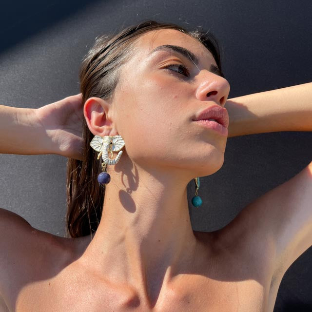 Palestro Milano Orecchini Gold bianco + pallina blu scuro Elefante