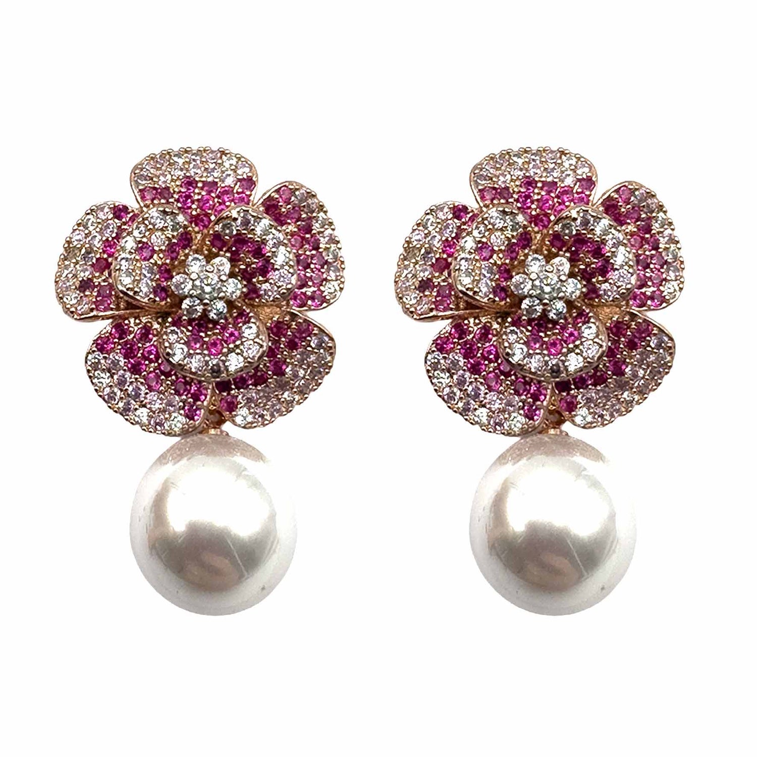 Palestro Milano Orecchini Rose Gold - Fucsia Pink Fiore Narciso di Pavè