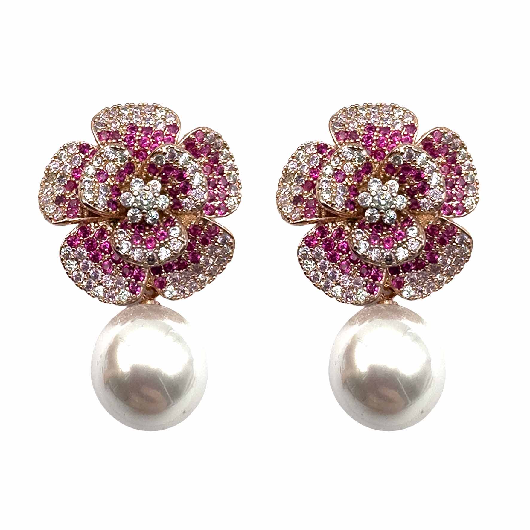 Palestro Milano Orecchini Rose Gold - Fucsia Pink Fiore Narciso di Pavè