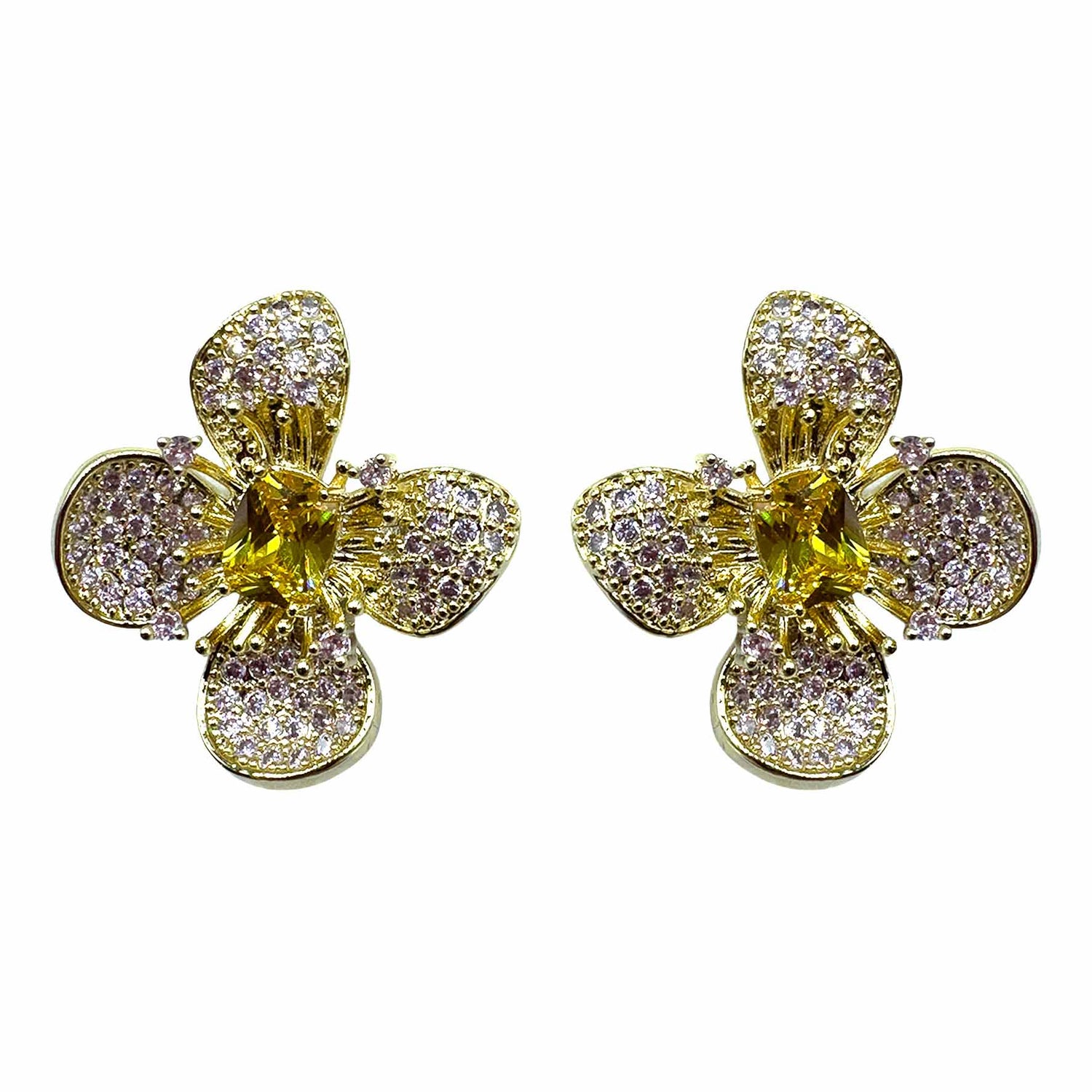 Palestro Milano Orecchini Gold - Lillac Champagne Fiore a Quattro Petali di Pavè