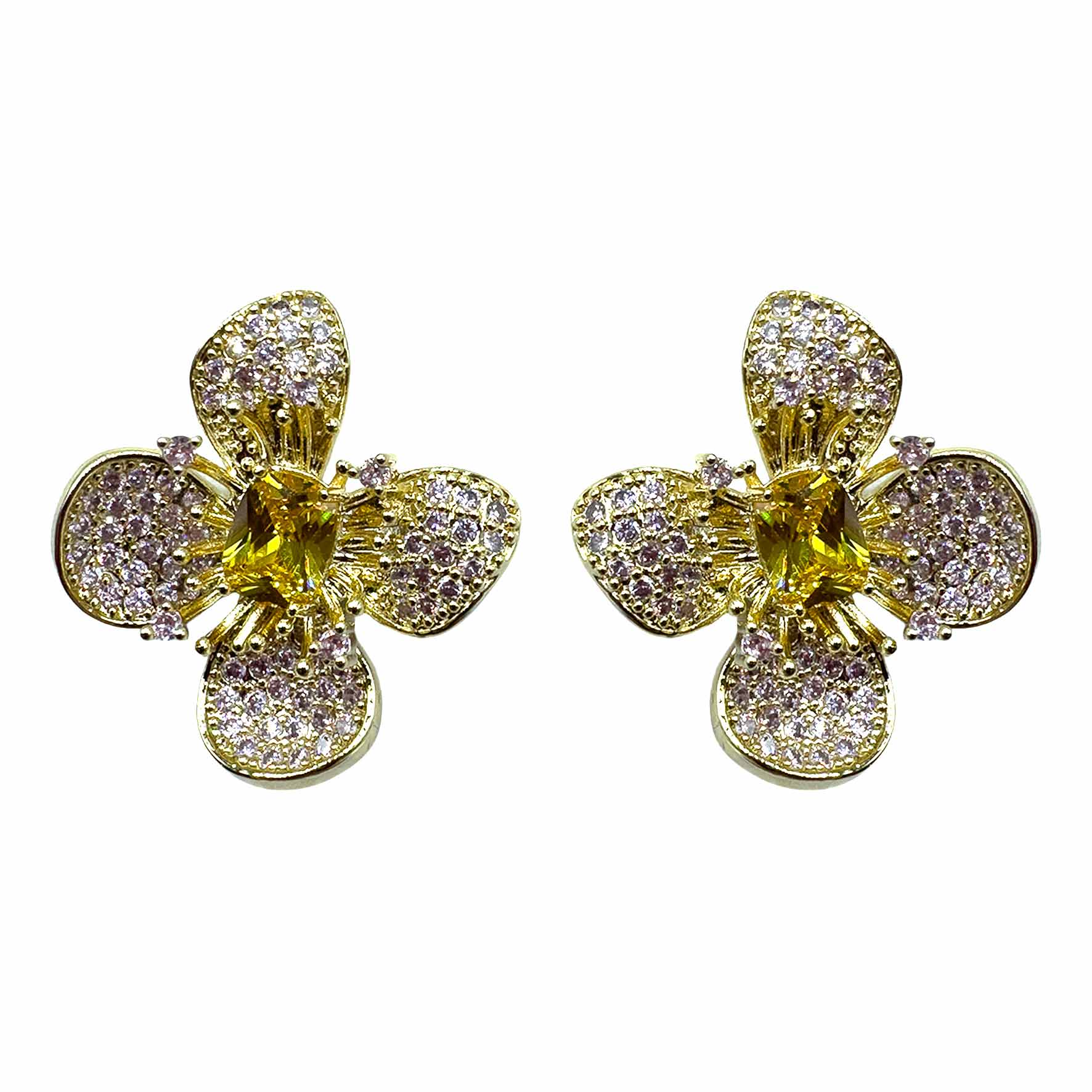 Palestro Milano Orecchini Gold - Lillac Champagne Fiore a Quattro Petali di Pavè