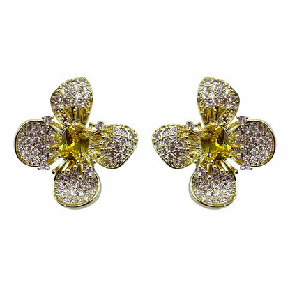 Palestro Milano Orecchini Gold - Lillac Champagne Fiore a Quattro Petali di Pavè