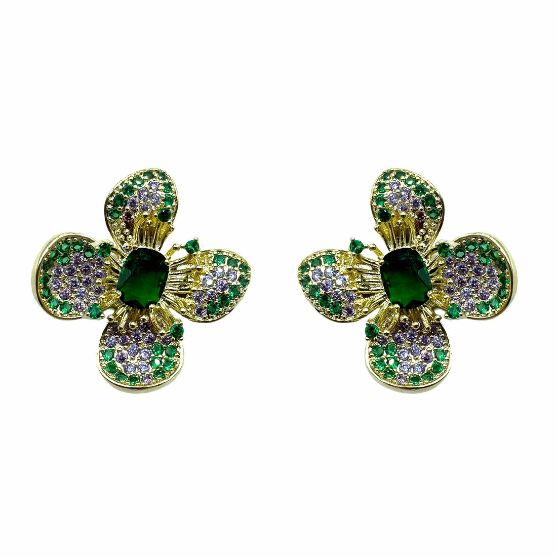Palestro Milano Orecchini Gold - Lillac Verde Smerlado Fiore a Quattro Petali di Pavè