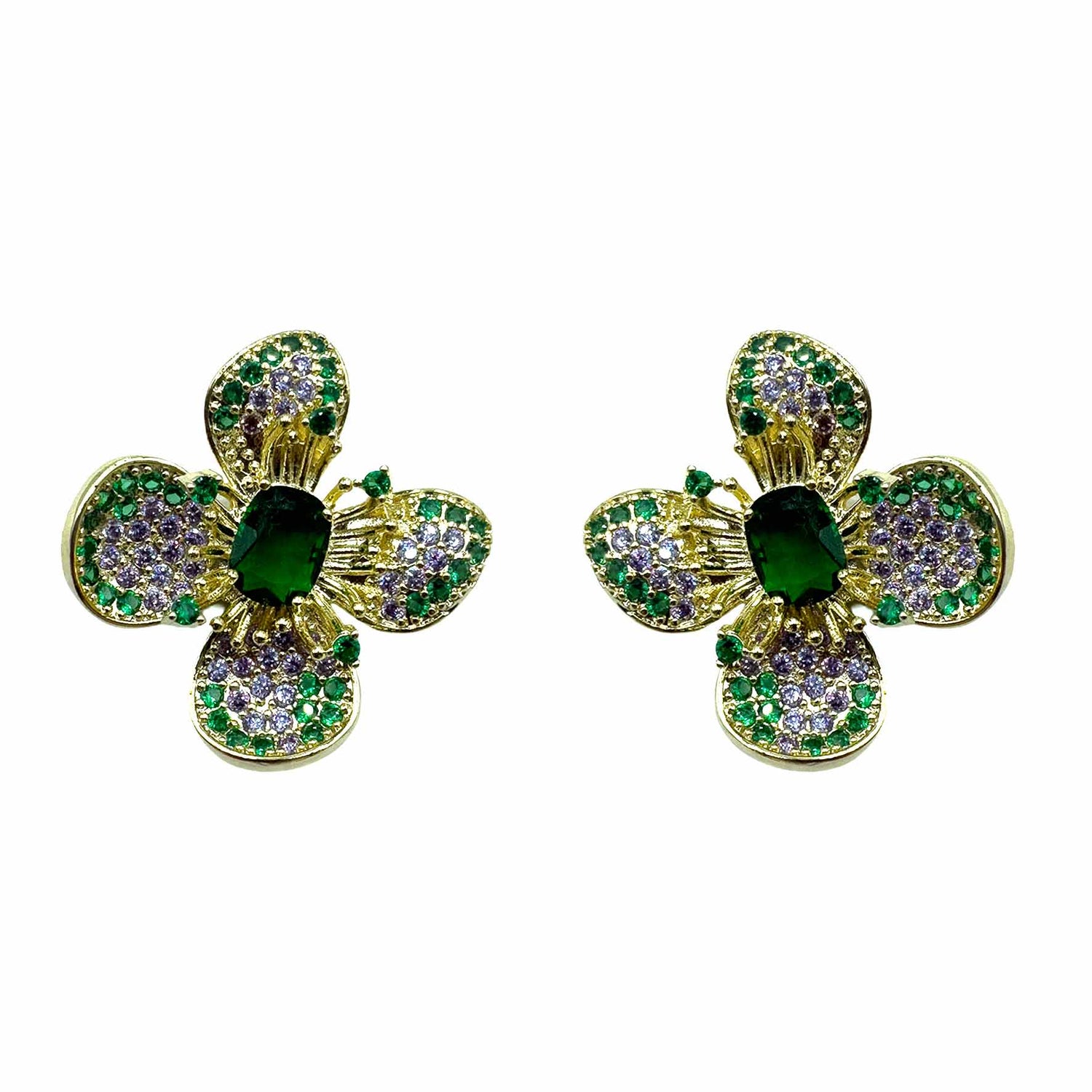 Palestro Milano Orecchini Gold - Lillac Verde Smerlado Fiore a Quattro Petali di Pavè