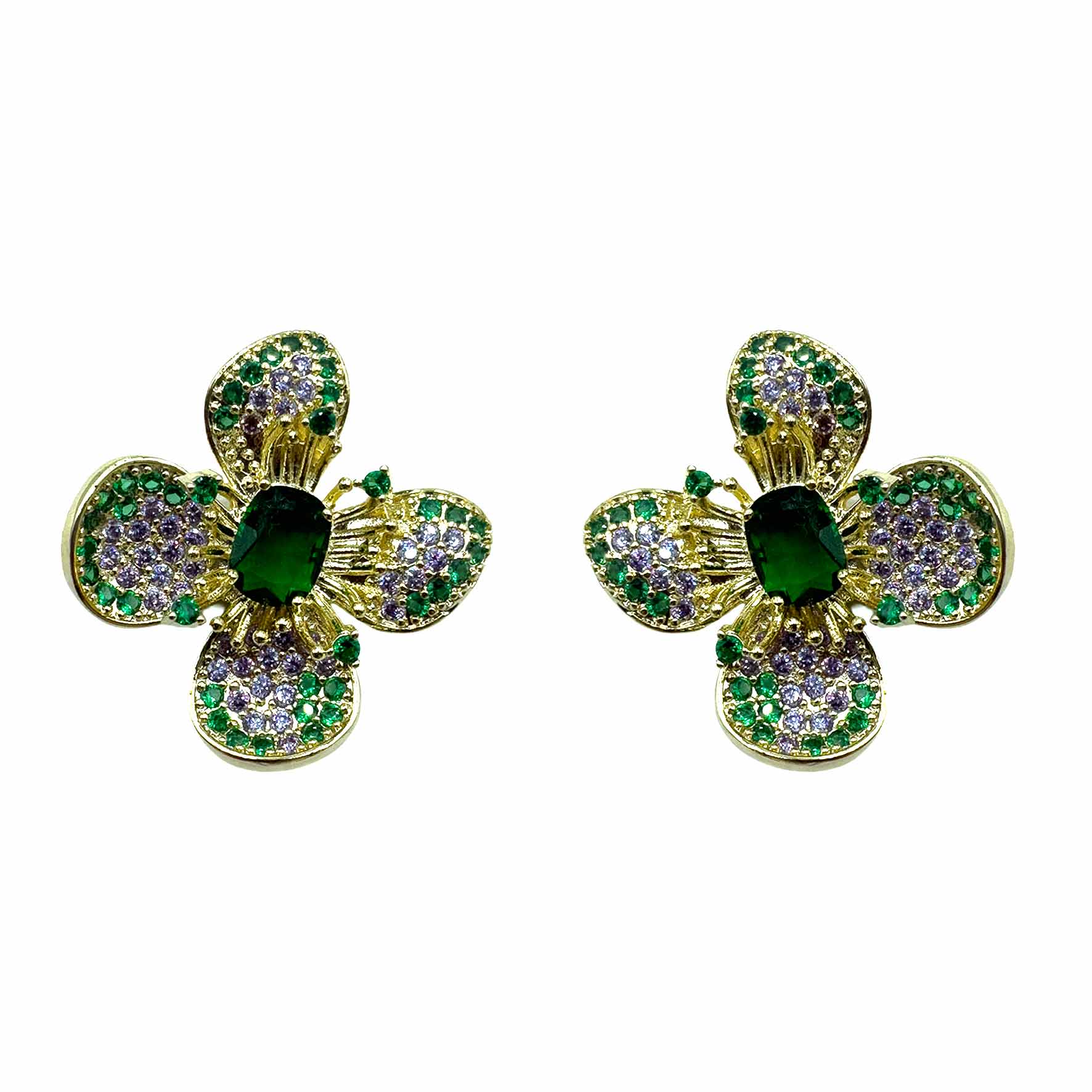 Palestro Milano Orecchini Gold - Lillac Verde Smerlado Fiore a Quattro Petali di Pavè