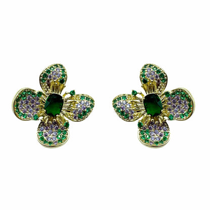 Palestro Milano Orecchini Gold - Lillac Verde Smerlado Fiore a Quattro Petali di Pavè
