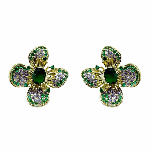 Palestro Milano Orecchini Gold - Lillac Verde Smerlado Fiore a Quattro Petali di Pavè