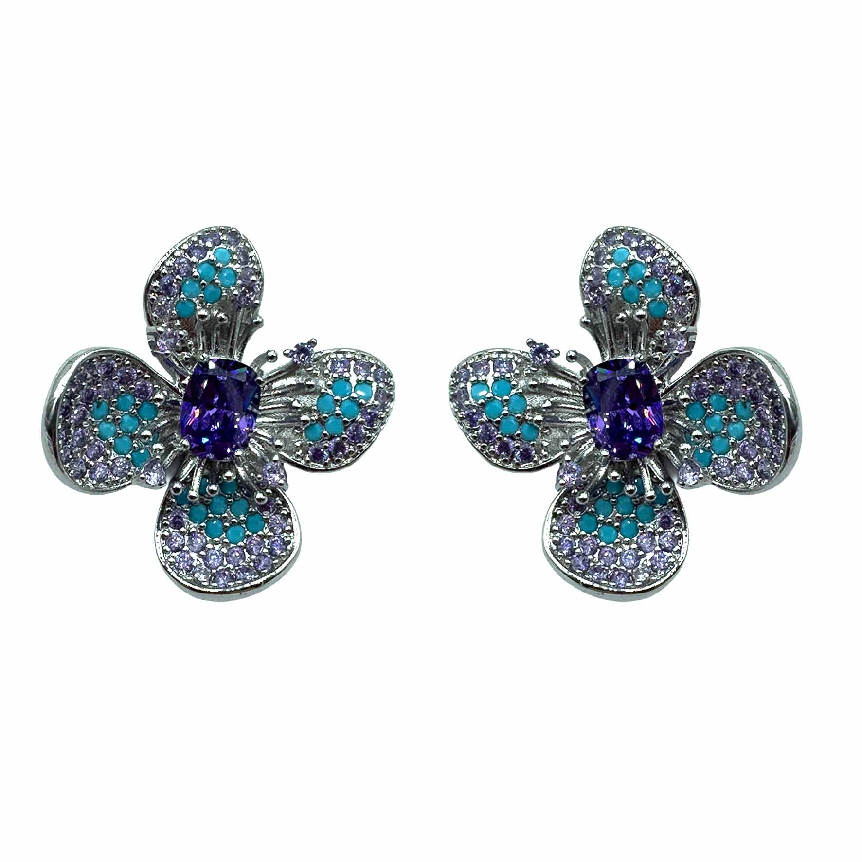 Palestro Milano Orecchini Silver - Violet Turquoise Fiore a Quattro Petali di Pavè