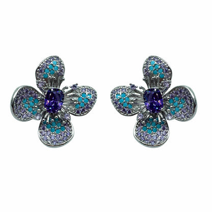 Palestro Milano Orecchini Silver - Violet Turquoise Fiore a Quattro Petali di Pavè