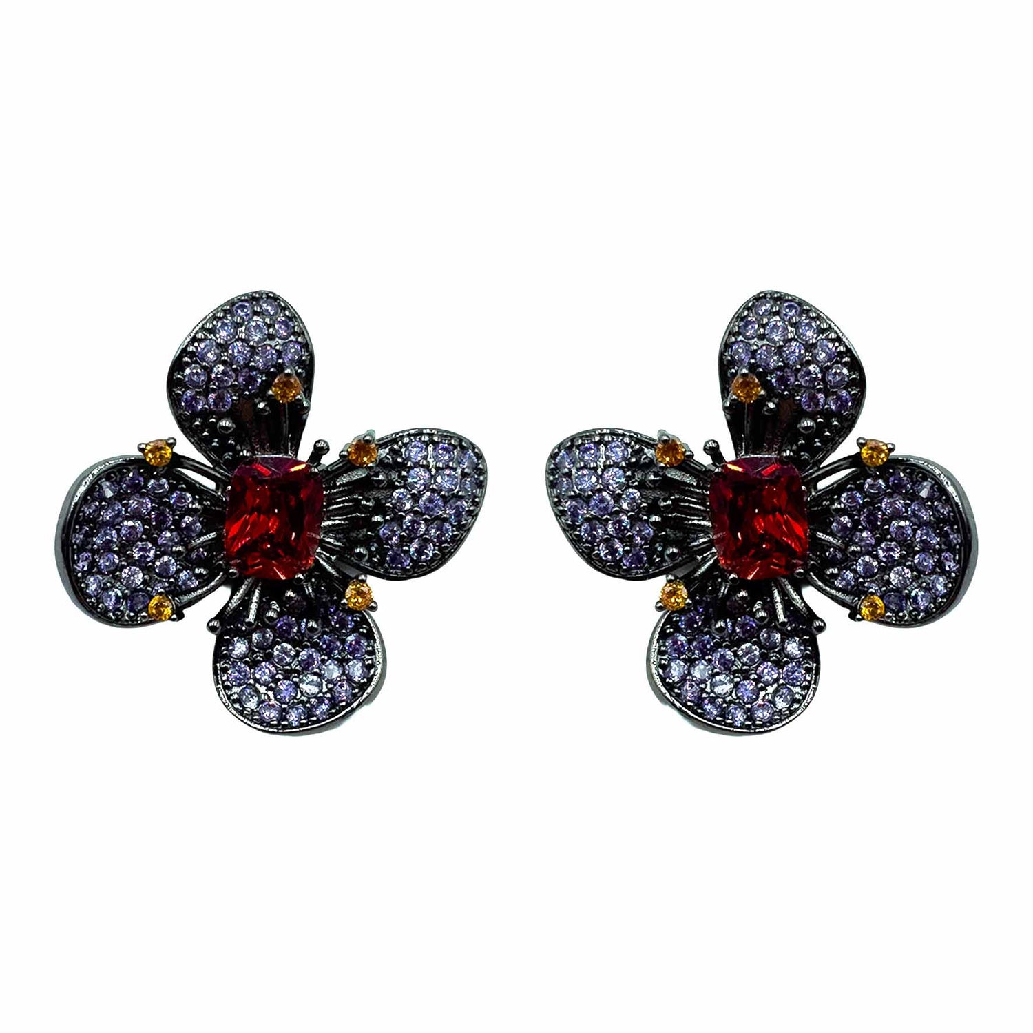 Palestro Milano Orecchini Dark - Lillac Rubino Fiore a Quattro Petali di Pavè