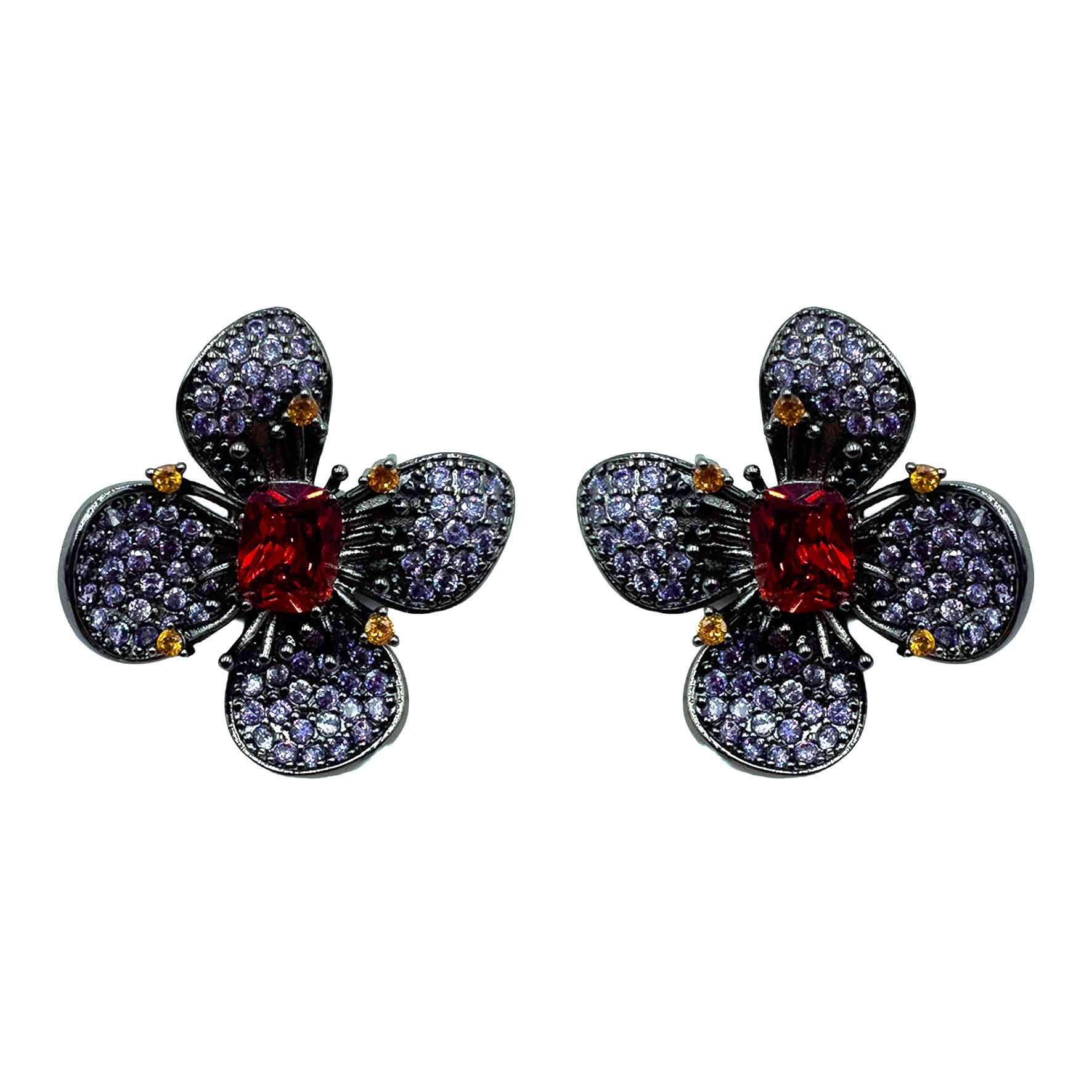 Palestro Milano Orecchini Dark - Lillac Rubino Fiore a Quattro Petali di Pavè
