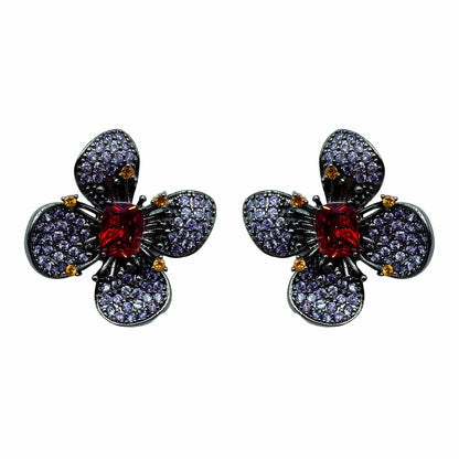 Palestro Milano Orecchini Dark - Lillac Rubino Fiore a Quattro Petali di Pavè