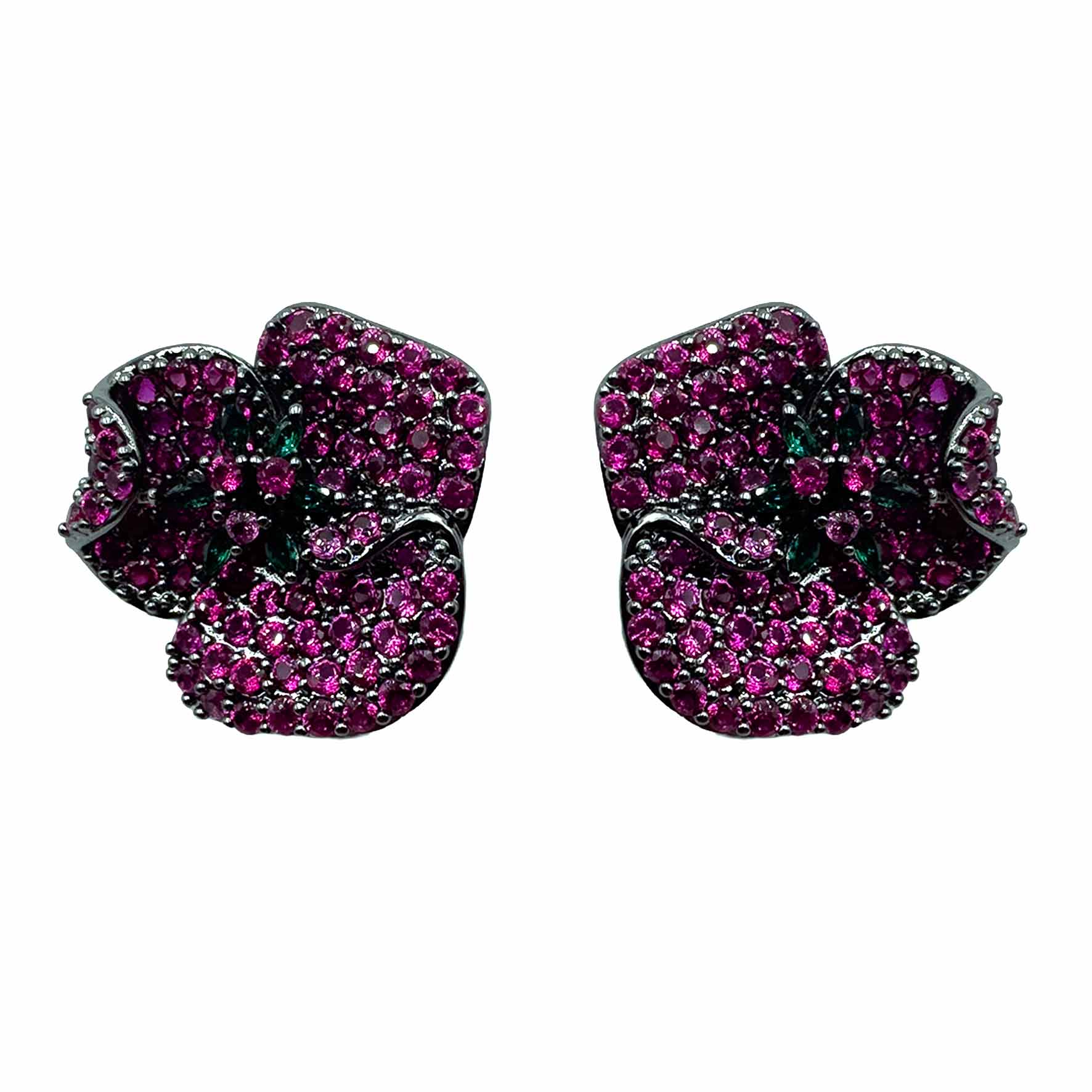 Palestro Milano Orecchini Dark - Fucsia Verde Smeraldo Fiore a Tre Petali di Pavè