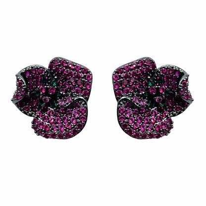 Palestro Milano Orecchini Dark - Fucsia Verde Smeraldo Fiore a Tre Petali di Pavè