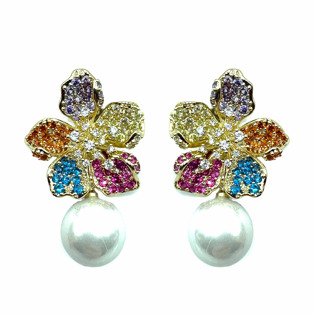 Palestro Milano Orecchini Gold - Multicolor Fiore di Zirconi con Perla