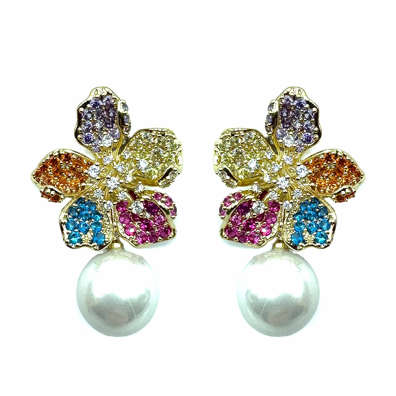 Palestro Milano Orecchini Gold - Multicolor Fiore di Zirconi con Perla