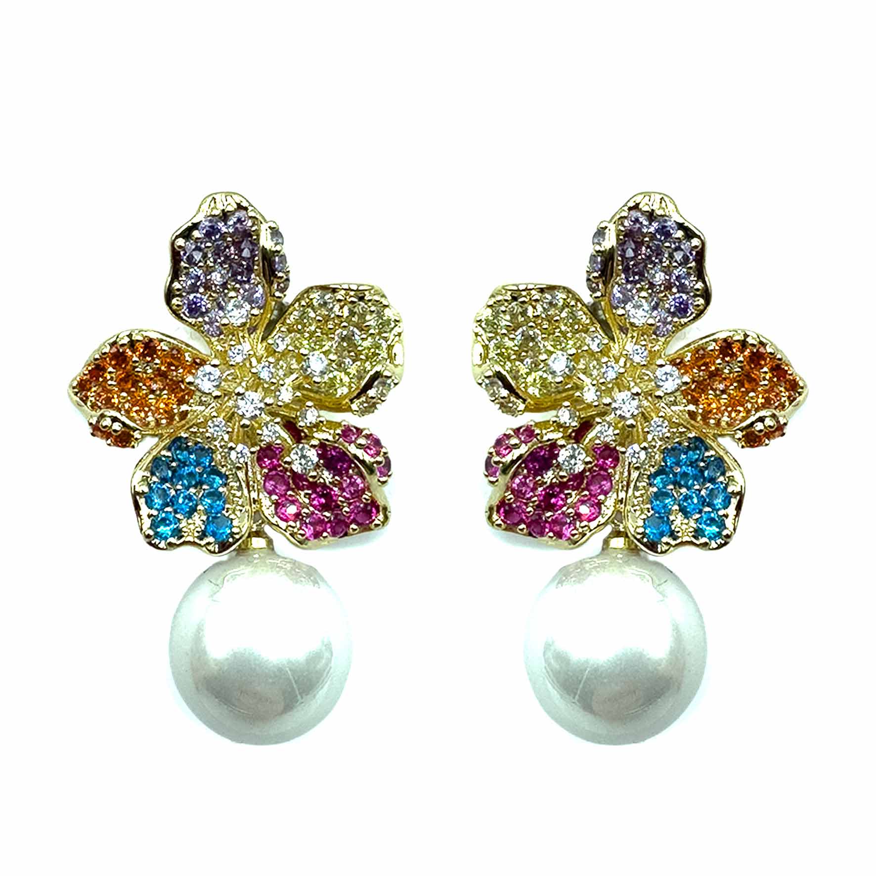 Palestro Milano Orecchini Gold - Multicolor Fiore di Zirconi con Perla