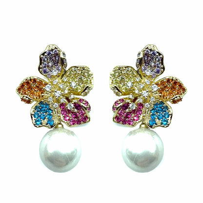 Palestro Milano Orecchini Gold - Multicolor Fiore di Zirconi con Perla