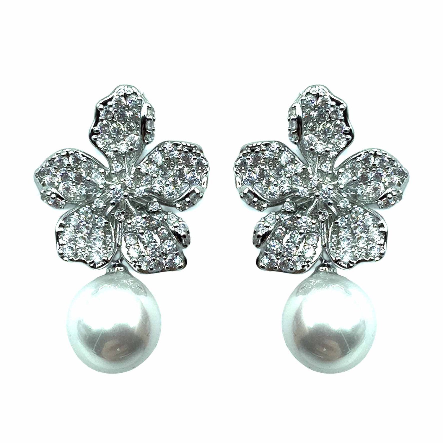 Palestro Milano Orecchini Silver Fiore di Zirconi con Perla