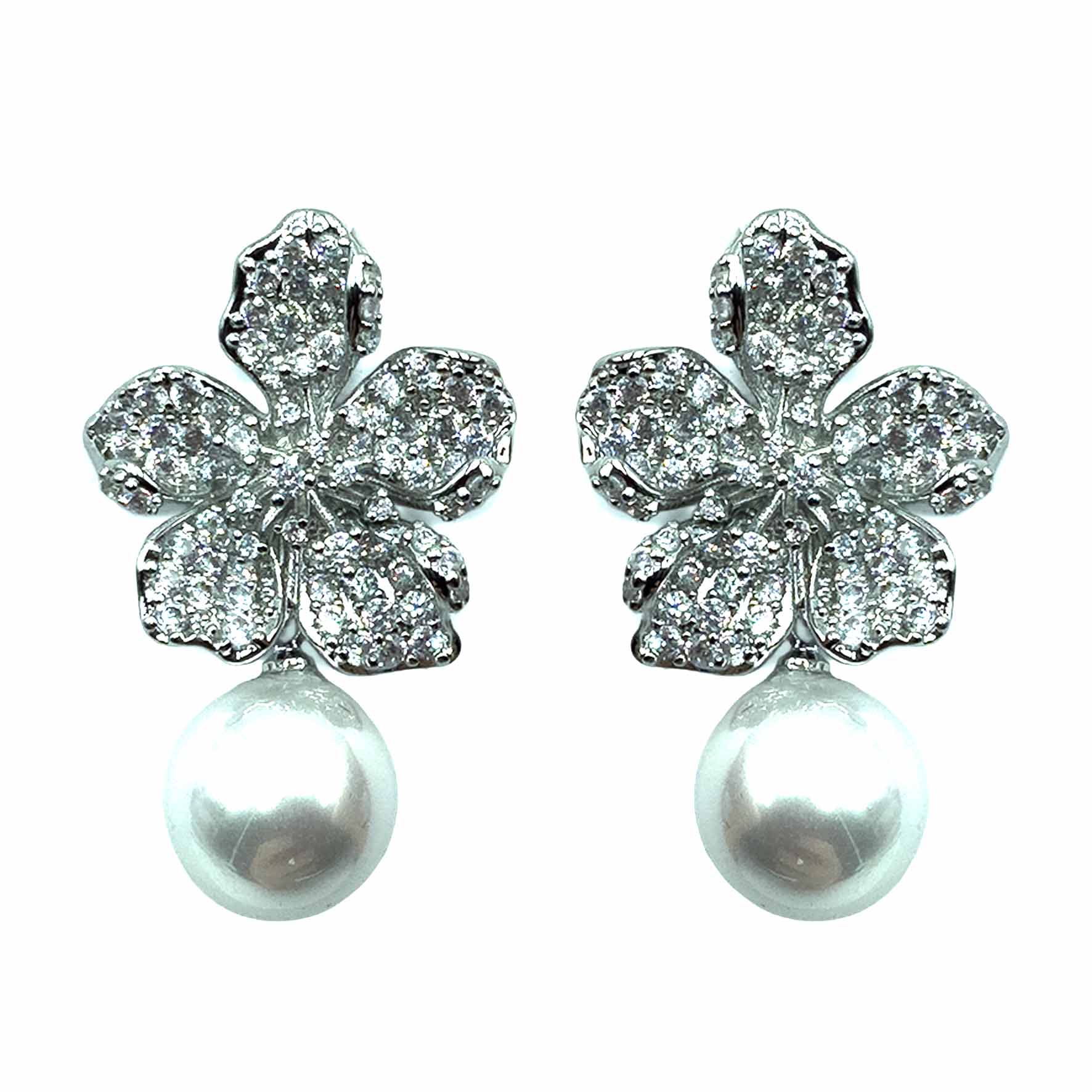 Palestro Milano Orecchini Silver Fiore di Zirconi con Perla