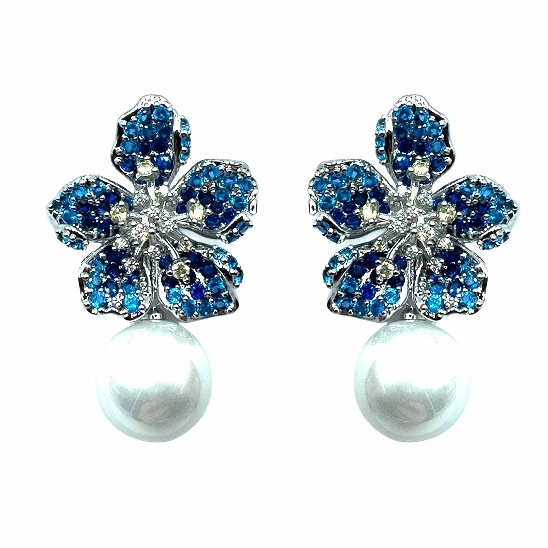 Palestro Milano Orecchini Silver - Blu Giallo Fiore di Zirconi con Perla