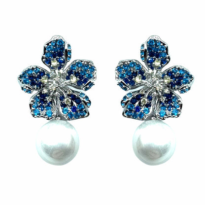 Palestro Milano Orecchini Silver - Blu Giallo Fiore di Zirconi con Perla