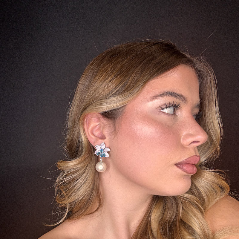 Palestro Milano Orecchini Pink Azzurro Bianco Fiore di pietre&amp;pavè con perla