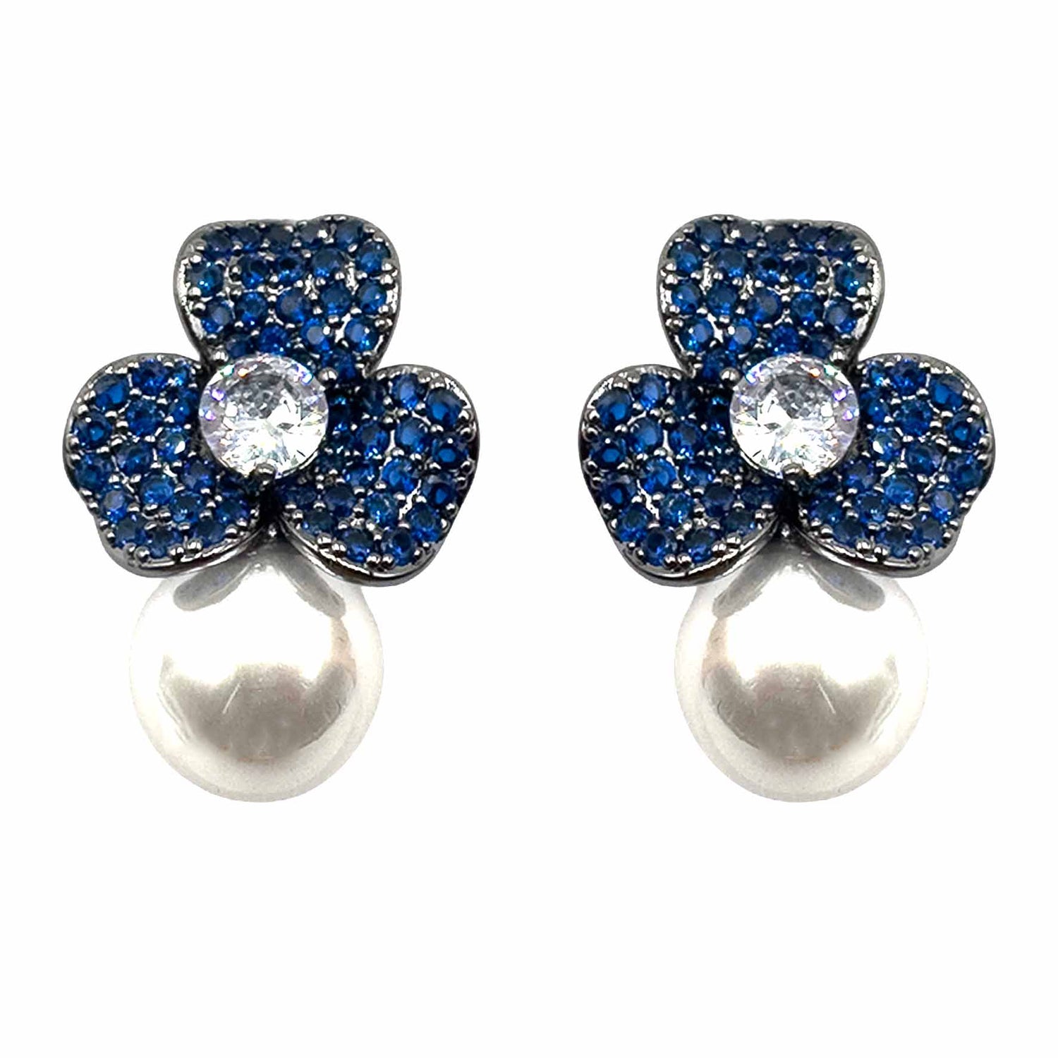 Palestro Milano Orecchini Base Dark - Blu Silver Mini Giglio con Perla Bianca
