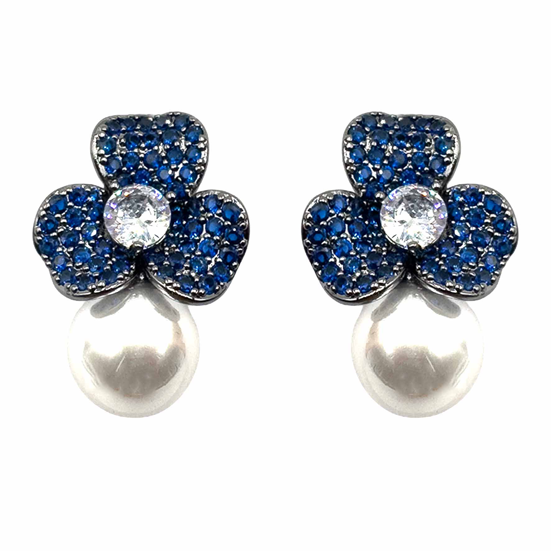 Palestro Milano Orecchini Base Dark - Blu Silver Mini Giglio con Perla Bianca