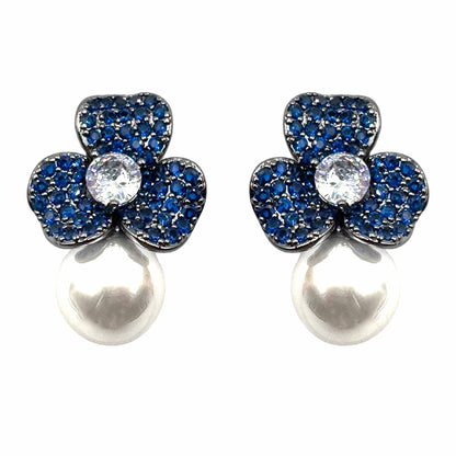 Palestro Milano Orecchini Base Dark - Blu Silver Mini Giglio con Perla Bianca