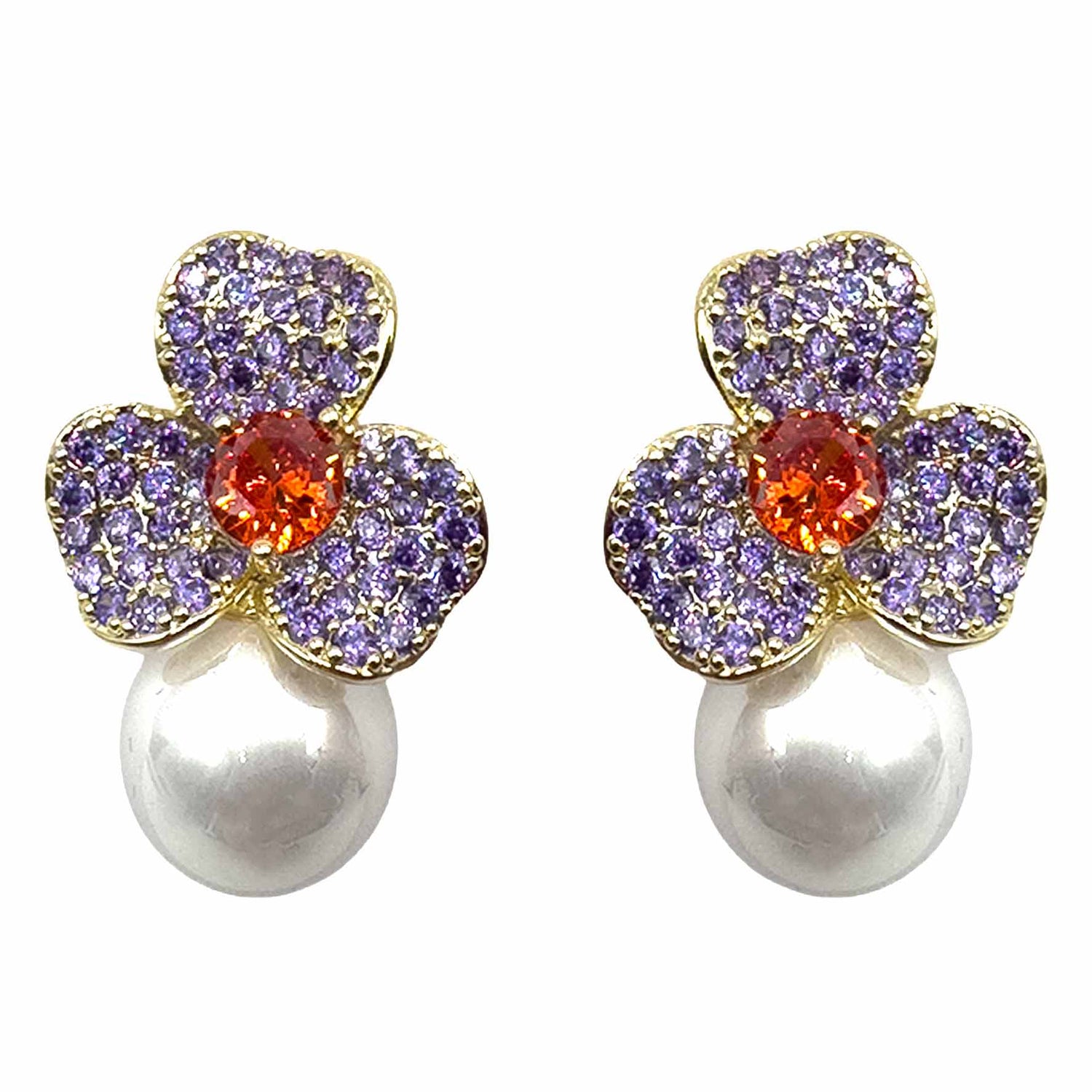 Palestro Milano Orecchini Base Gold - Violet Rubino Mini Giglio con Perla Bianca