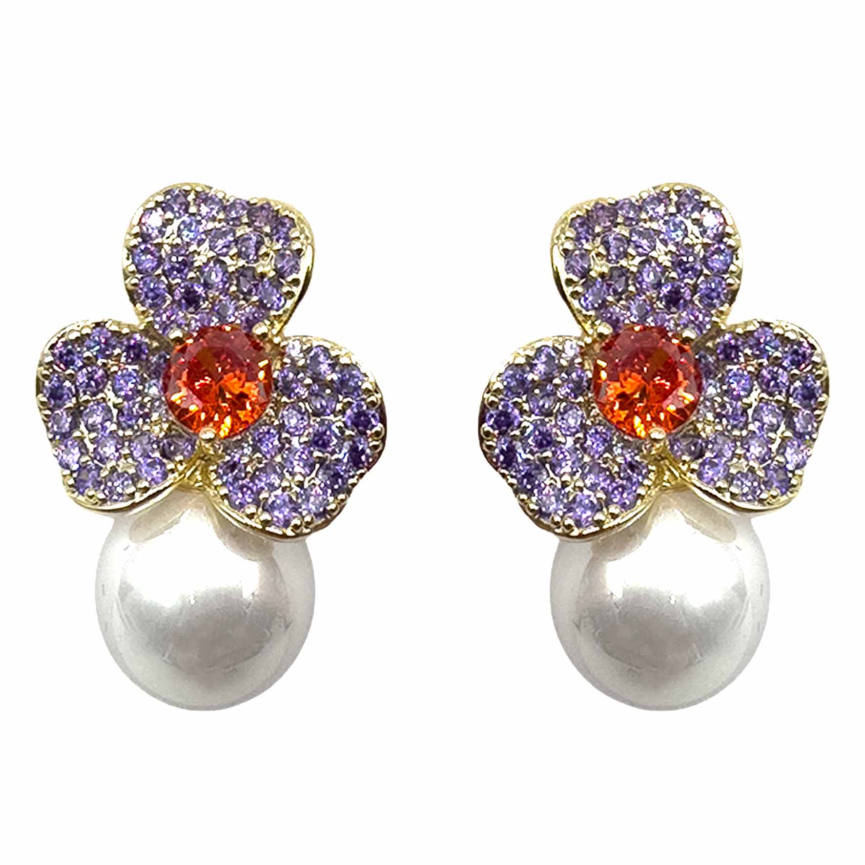 Palestro Milano Orecchini Base Gold - Violet Rubino Mini Giglio con Perla Bianca
