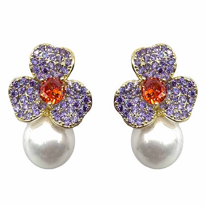 Palestro Milano Orecchini Base Gold - Violet Rubino Mini Giglio con Perla Bianca