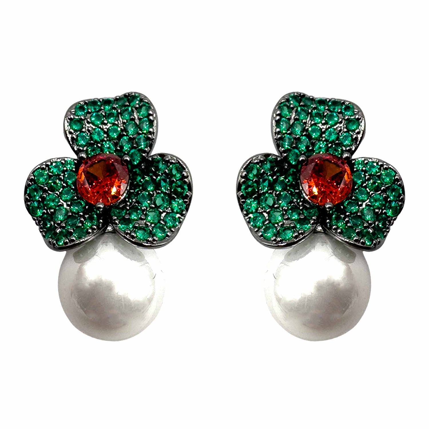 Palestro Milano Orecchini Base Dark - Verde Smeraldo Rubino Mini Giglio con Perla Bianca