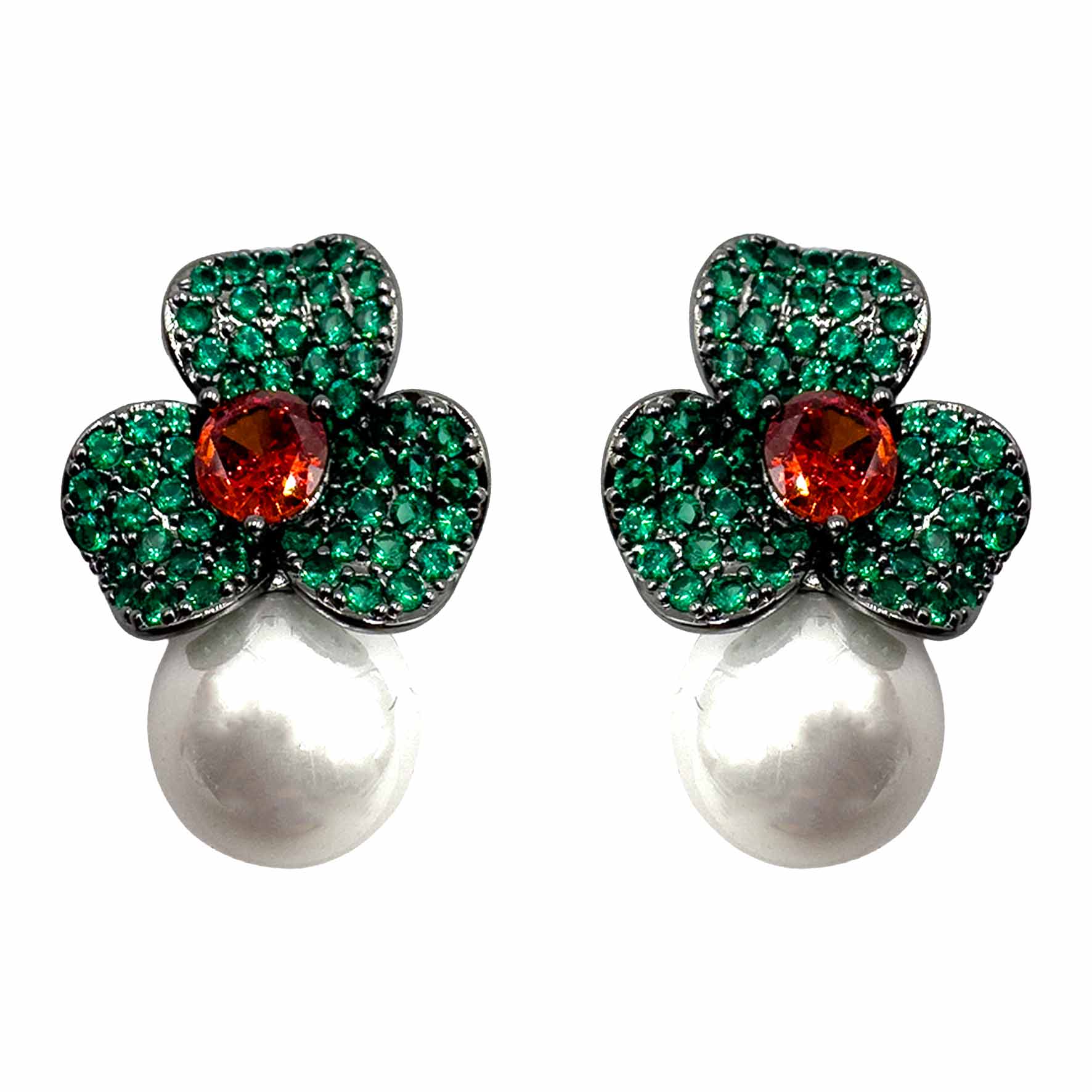 Palestro Milano Orecchini Base Dark - Verde Smeraldo Rubino Mini Giglio con Perla Bianca