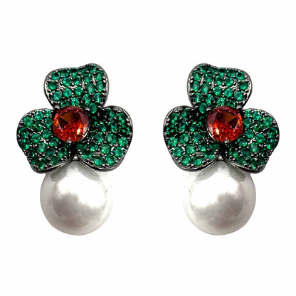 Palestro Milano Orecchini Base Dark - Verde Smeraldo Rubino Mini Giglio con Perla Bianca