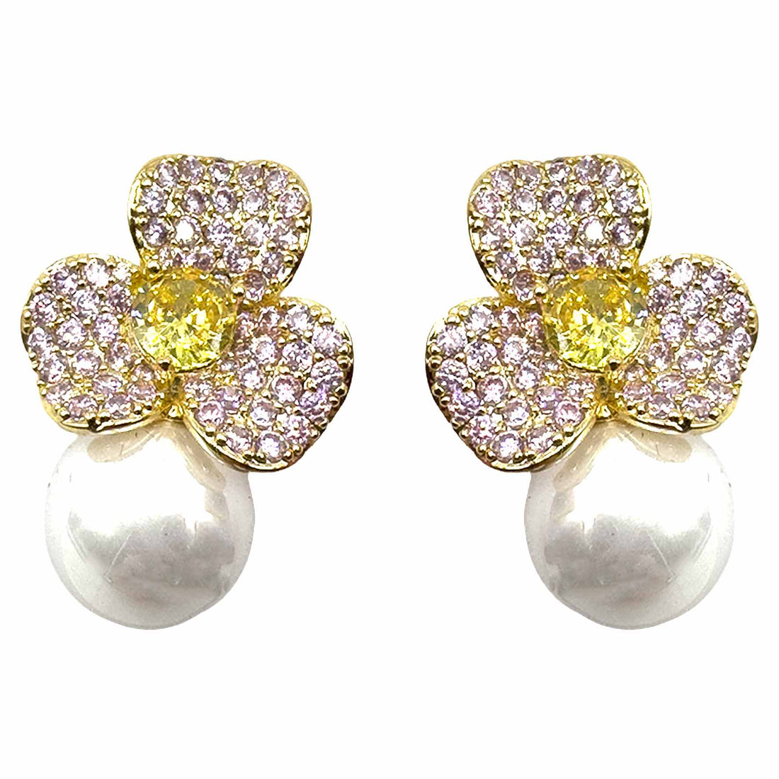 Palestro Milano Orecchini Base Gold - Pink Giallo Mini Giglio con Perla Bianca