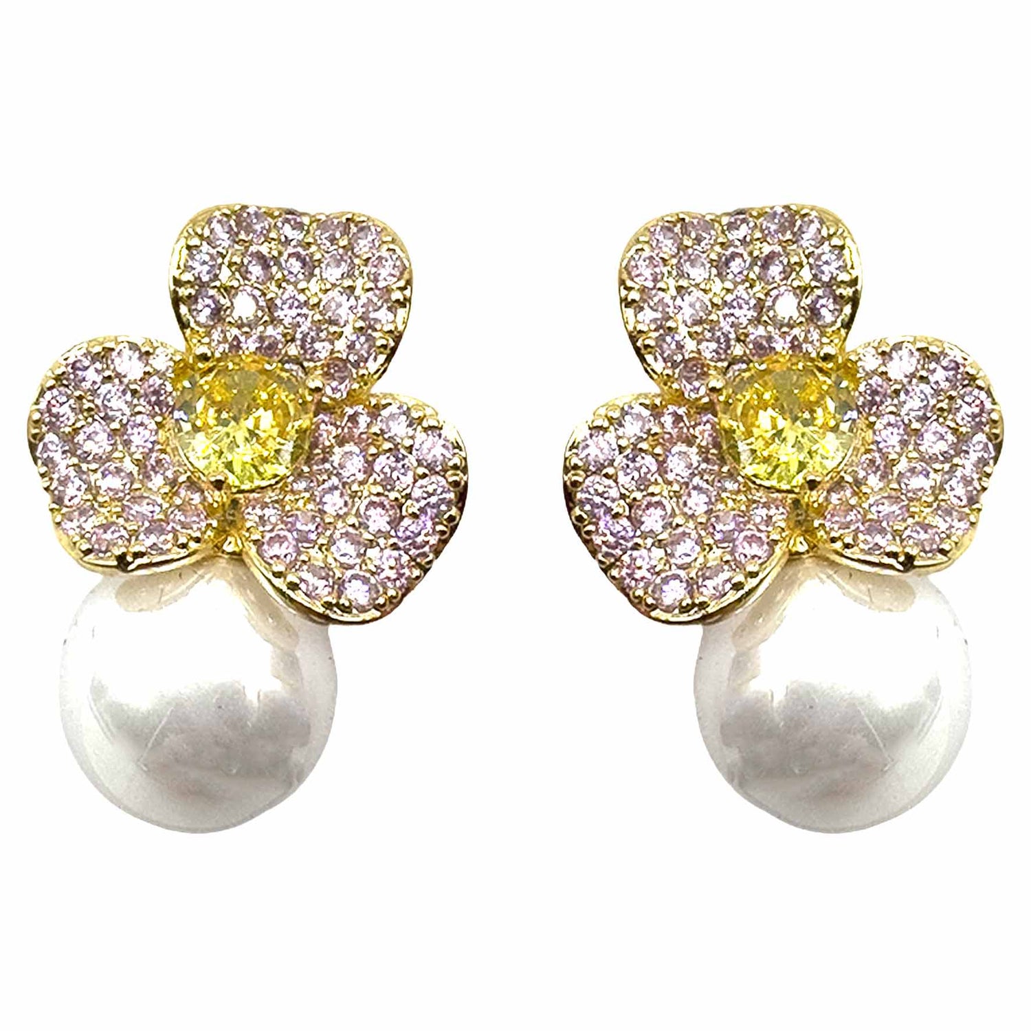 Palestro Milano Orecchini Base Gold - Pink Giallo Mini Giglio con Perla Bianca