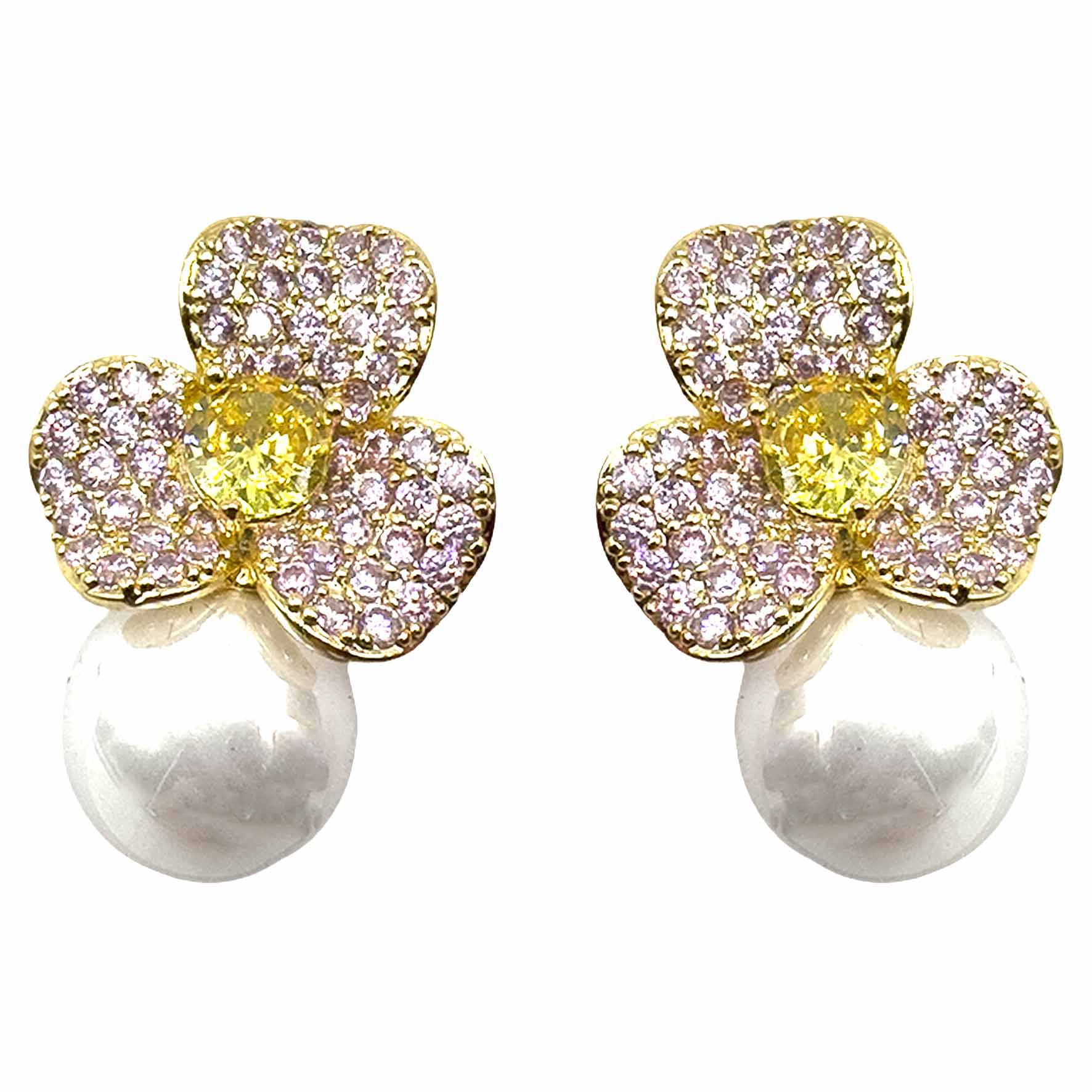 Palestro Milano Orecchini Base Gold - Pink Giallo Mini Giglio con Perla Bianca