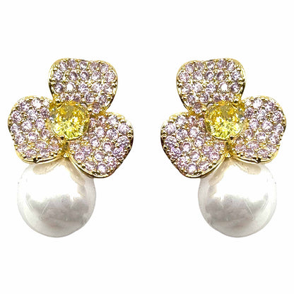 Palestro Milano Orecchini Base Gold - Pink Giallo Mini Giglio con Perla Bianca