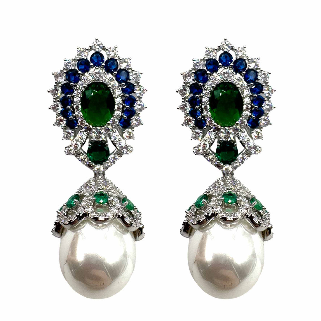 Palestro Milano Orecchini Blu/Verde Smeraldo Pavone con perla pendente - New Version